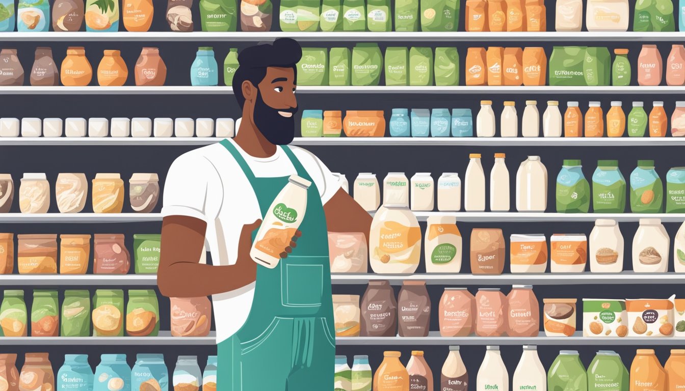 A person holding a can of coconut cream next to a variety of other plant-based milk and cream options on a grocery store shelf