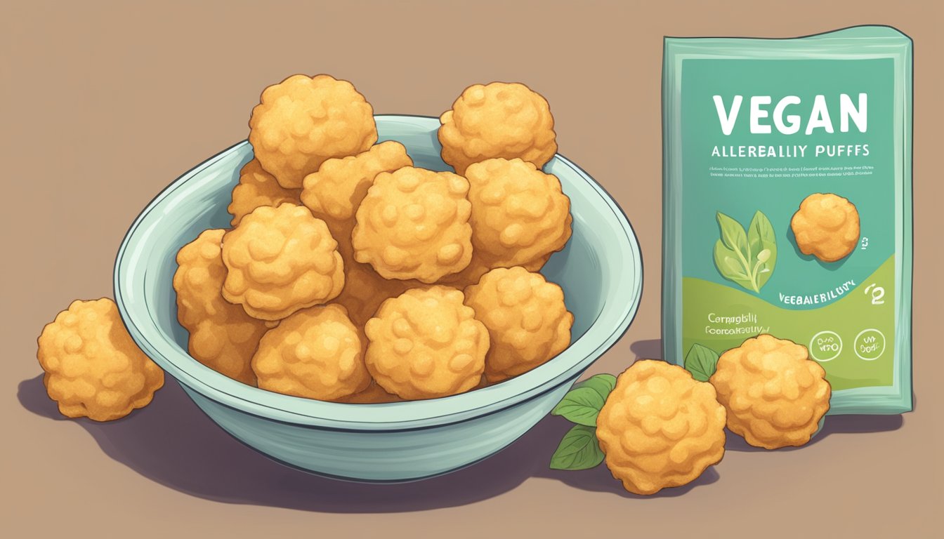 A bowl of vegan cheese puffs next to a label showing "Vegan" and "Allergen and Diet Compatibility" symbols