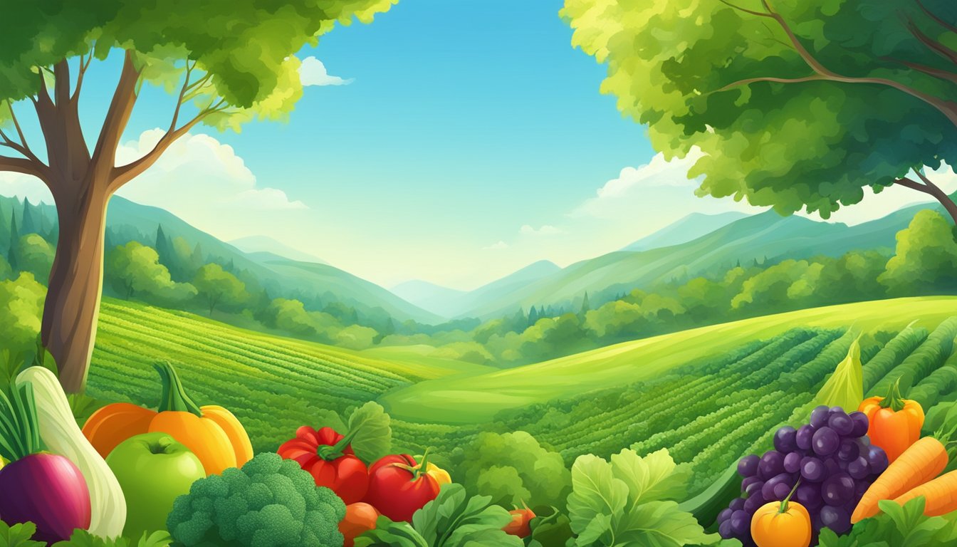 A lush green field with a variety of colorful vegetables and fruits growing, surrounded by a forest and a clear blue sky