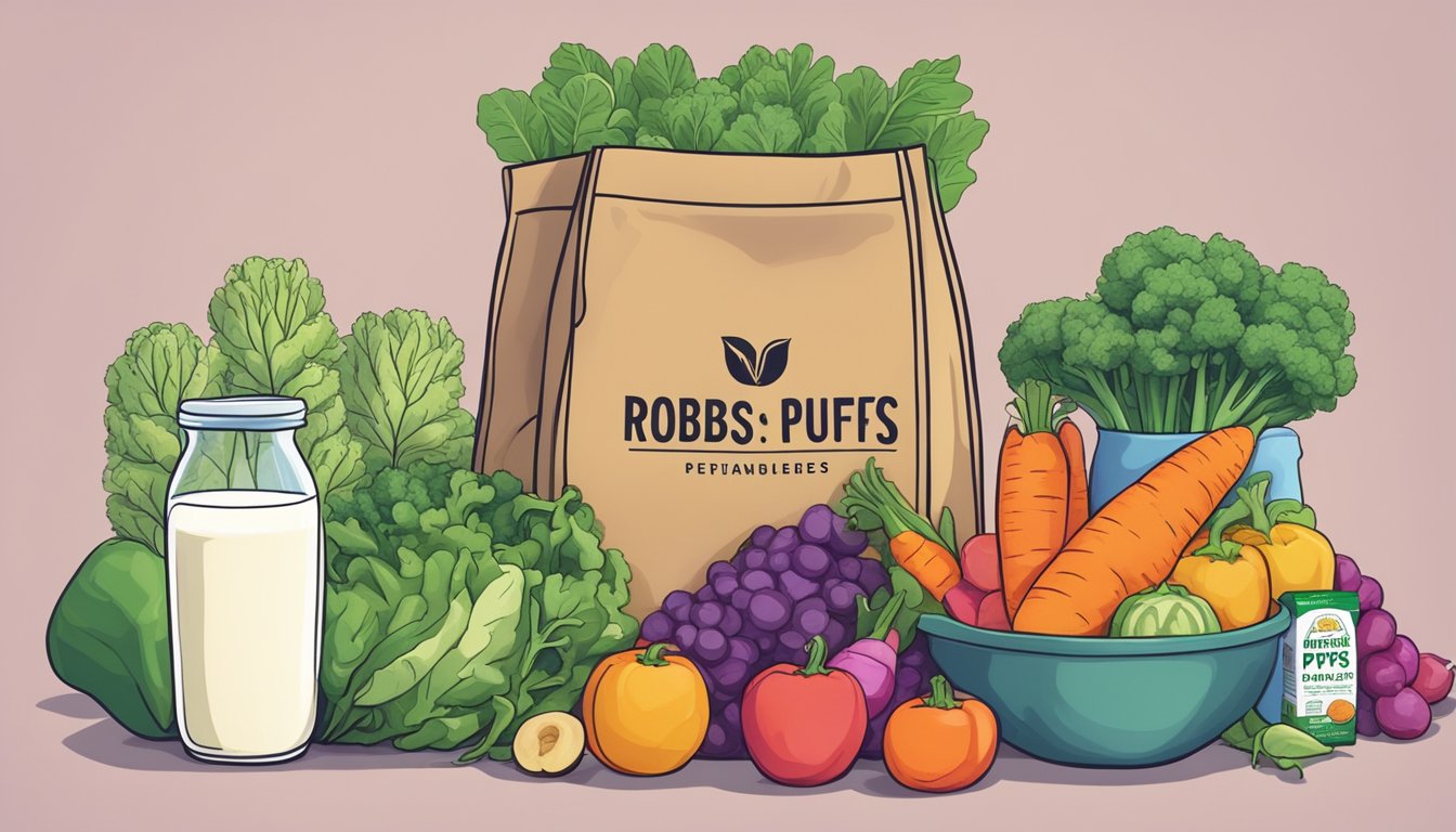 A colorful bag of Vegan Robs puffs surrounded by fresh vegetables and a plant-based milk carton