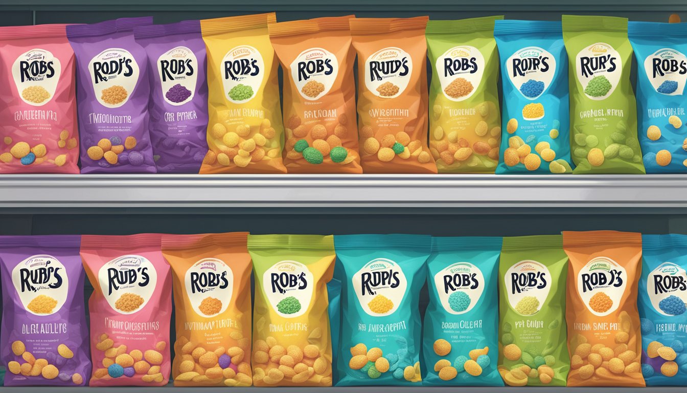 A grocery store shelf filled with colorful bags of Vegan Rob's puffs, clearly labeled as vegan