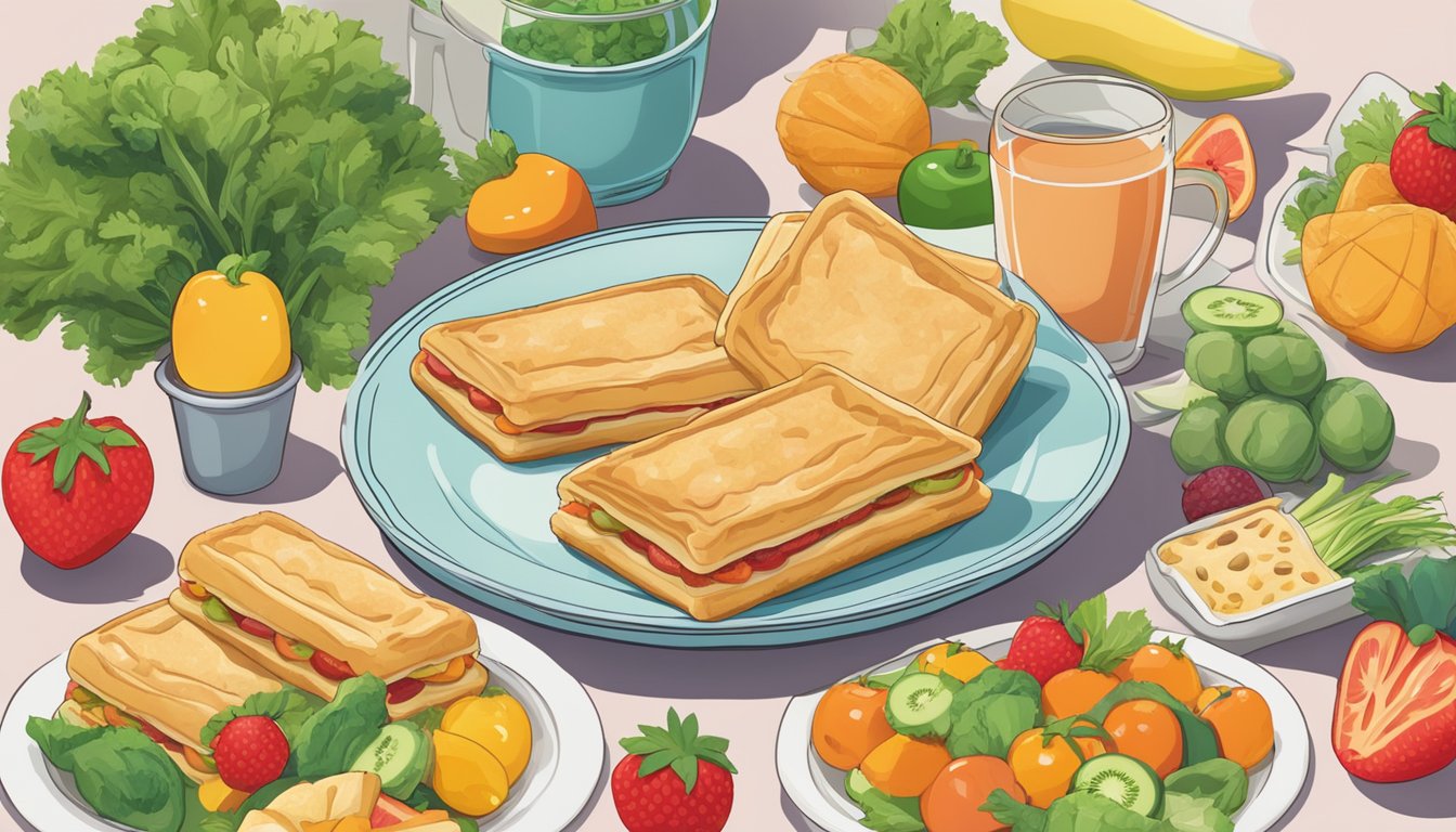 A plate with toaster strudels surrounded by various fruits and vegetables, with a prominent "vegan" label