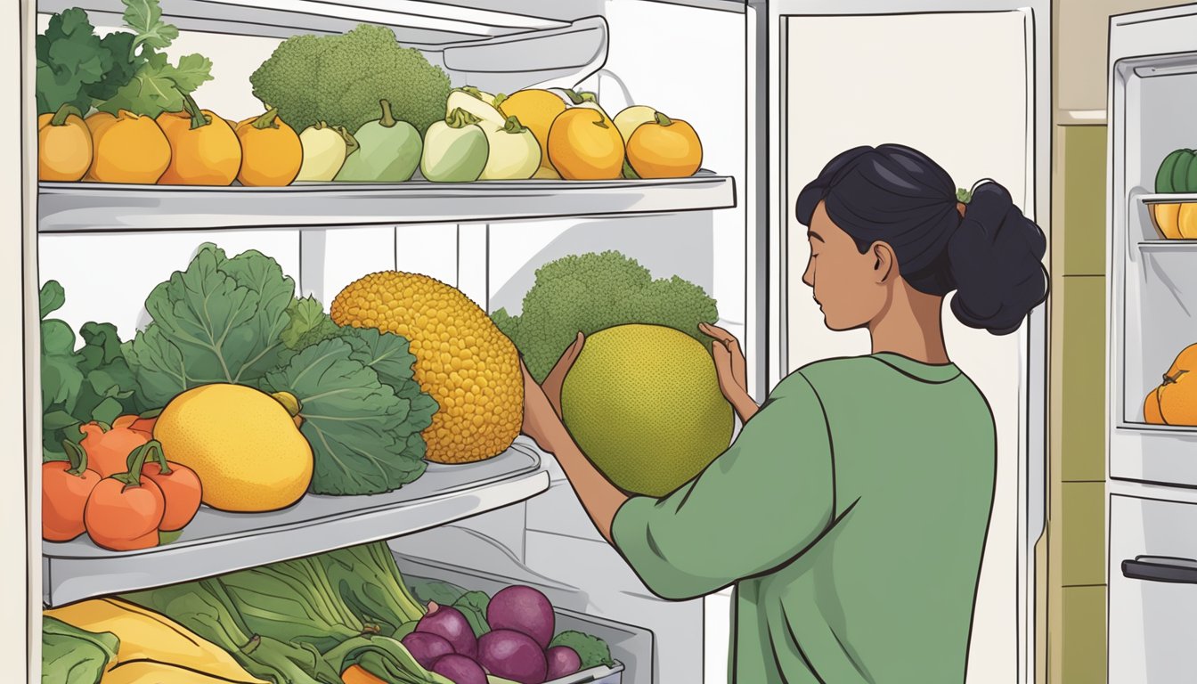 A person placing a ripe jackfruit in a reusable produce bag and storing it in a refrigerator next to other fruits and vegetables