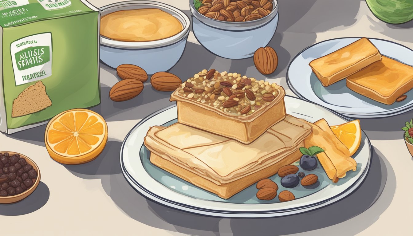 A toaster strudel surrounded by a variety of vegan substitutes such as fruits, nuts, and plant-based spreads on a kitchen counter