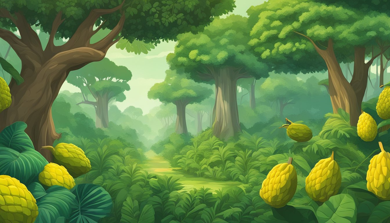 A lush forest with jackfruit trees towering over diverse plant and animal life, illustrating the environmental impact of jackfruit as a vegan-friendly alternative