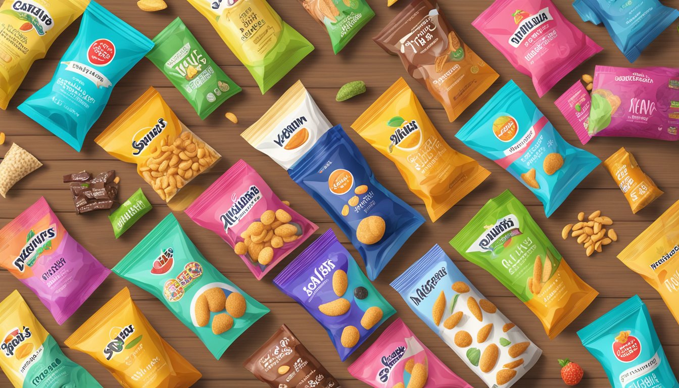 A colorful array of snack bags, each featuring different flavors of vegan snacklins, arranged neatly on a wooden table