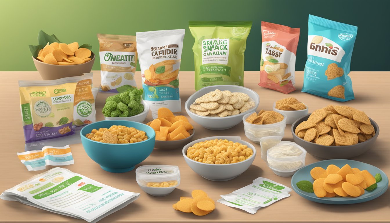 A table with various snack packages, a vegan certification logo prominently displayed on the Snacklins package, and a list of dietary accommodations