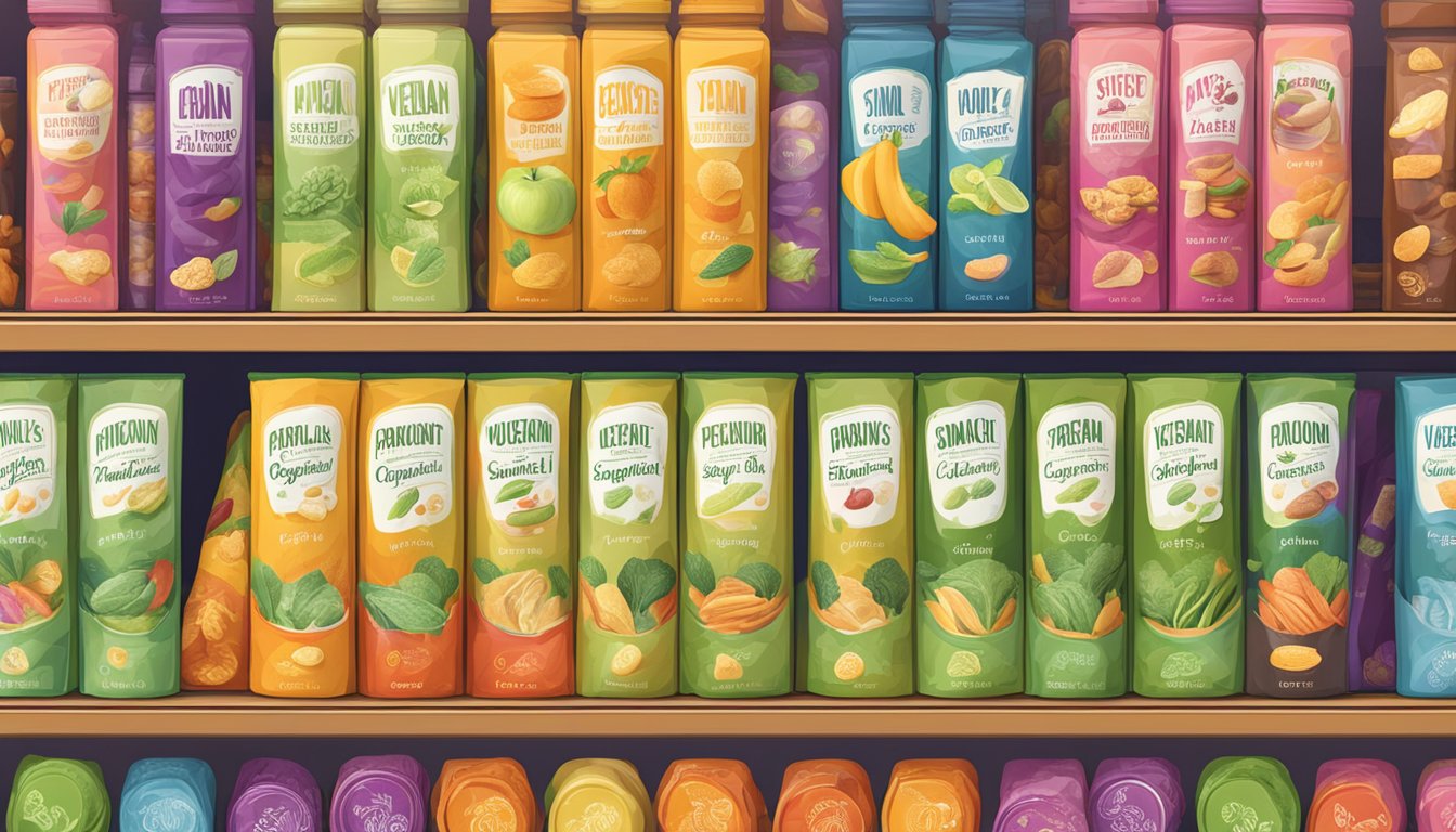 A colorful display of snacklins on a market shelf with a prominent "vegan" label