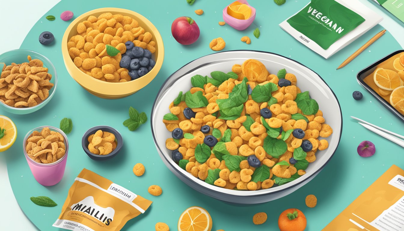 A table with a bowl of vegan snacklins surrounded by vibrant branding and marketing materials