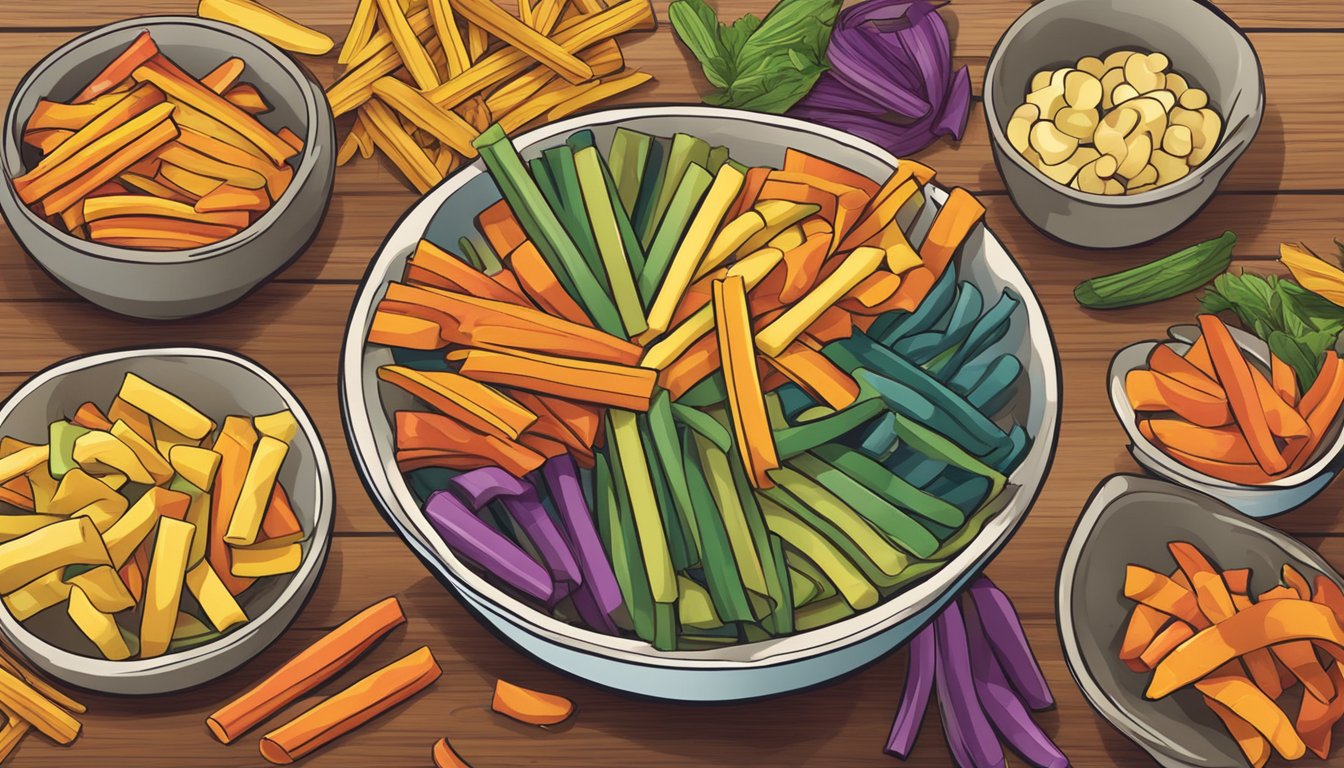 A bowl of colorful veggie straws spilling out onto a wooden table. A variety of vegetable shapes and colors are visible