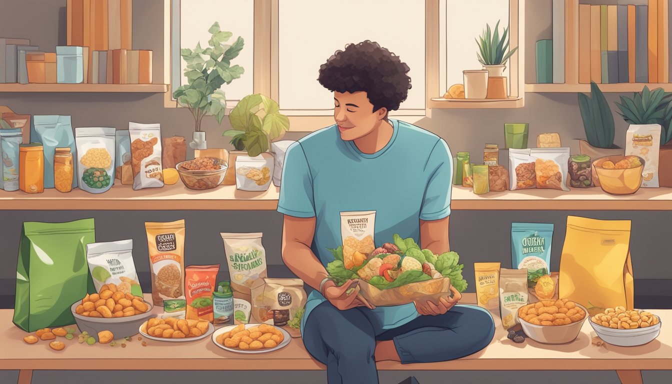 A person enjoying a bag of Snacklins while surrounded by various vegan-friendly snacks and ingredients