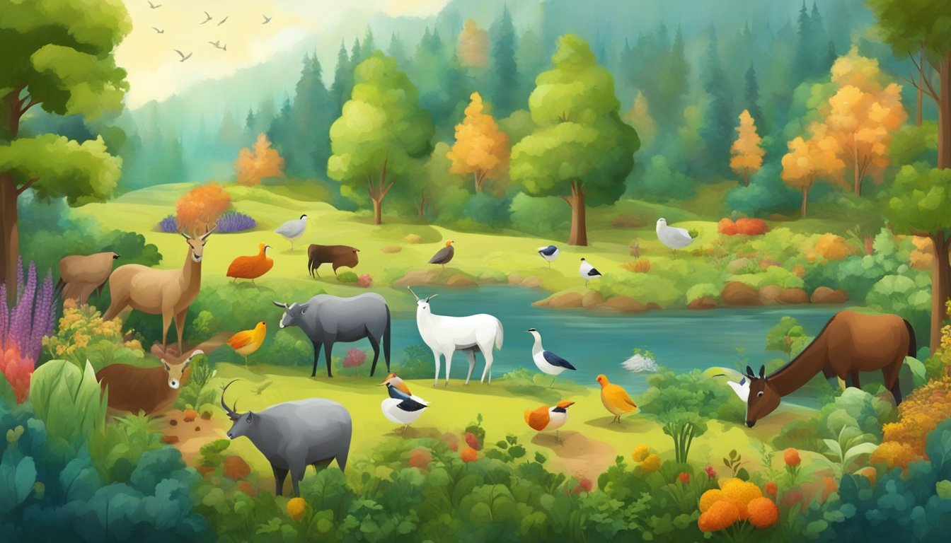 A peaceful forest clearing with a variety of colorful vegetables and grains growing, surrounded by animals grazing and birds chirping