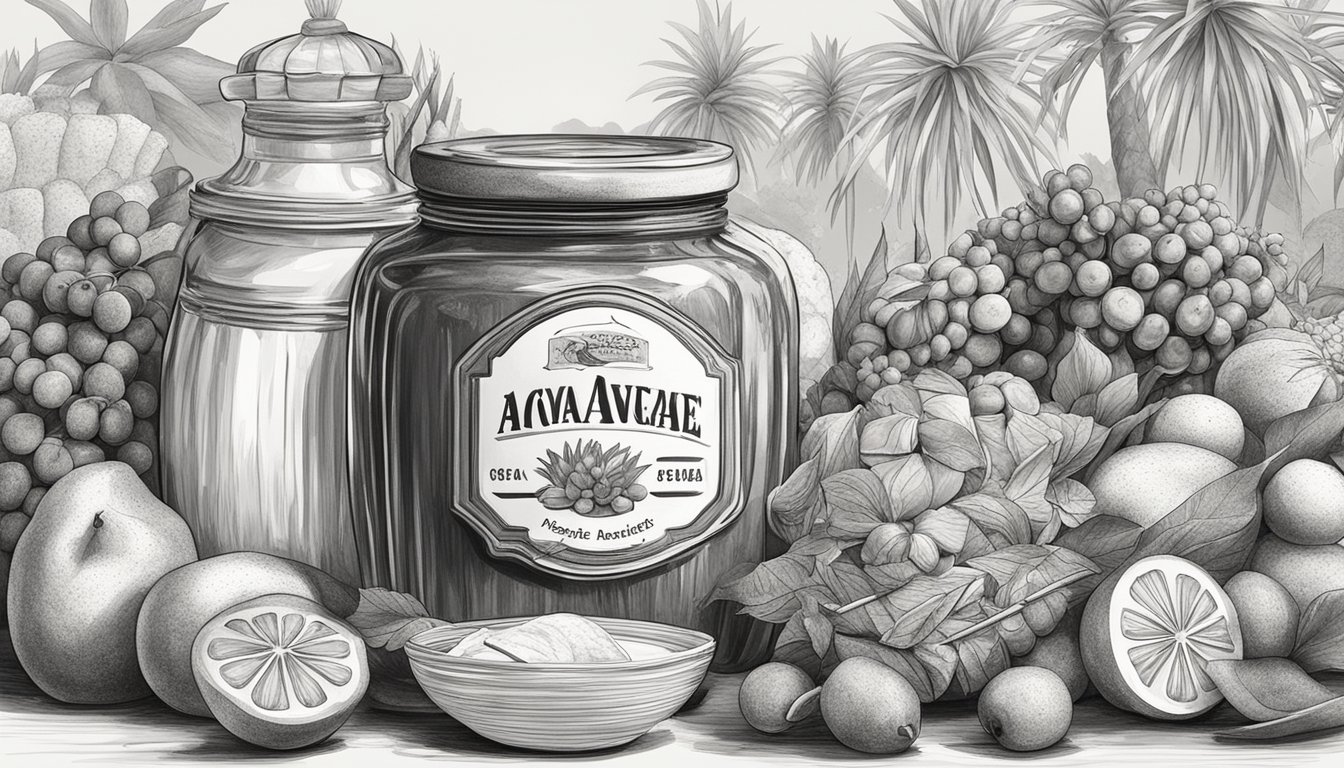 A jar of agave nectar surrounded by various fruits and baked goods, with a chef's hat and apron nearby