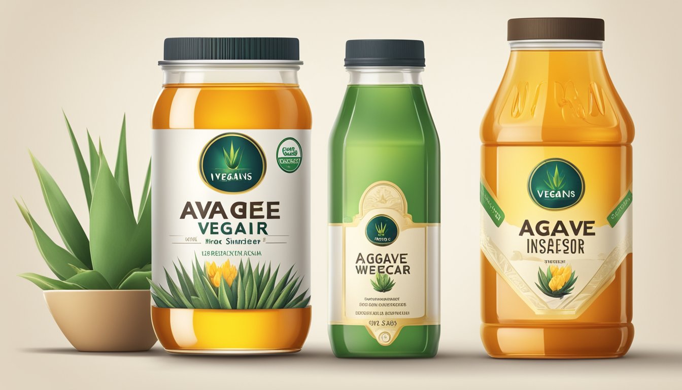 A jar of agave nectar next to various sweeteners, with a vegan symbol displayed prominently on the agave nectar label