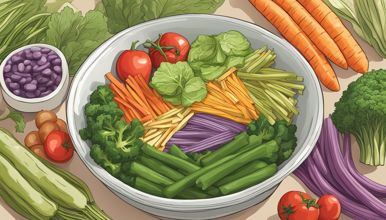 A bowl of colorful veggie straws surrounded by fresh vegetables and a "vegan-friendly" label