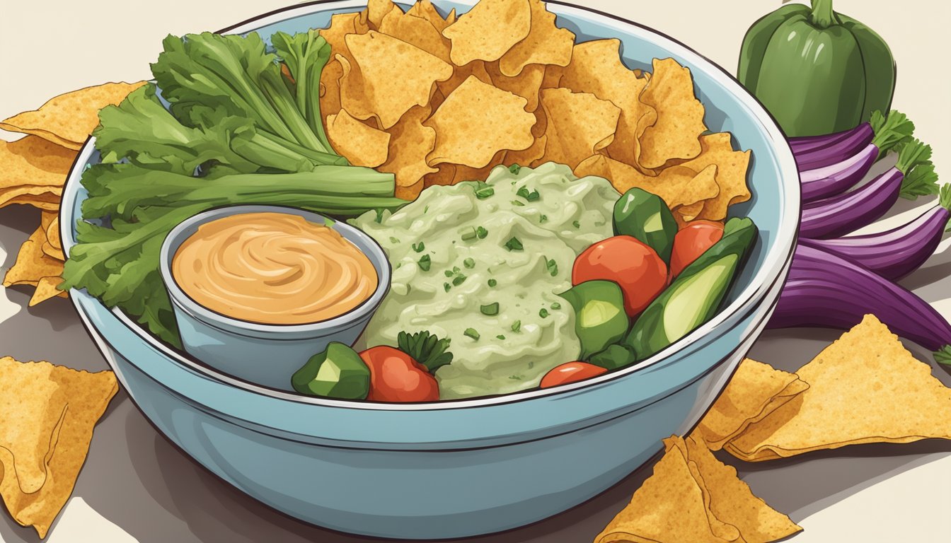 A bowl of Ruffles chips surrounded by fresh vegetables and a plant-based dip