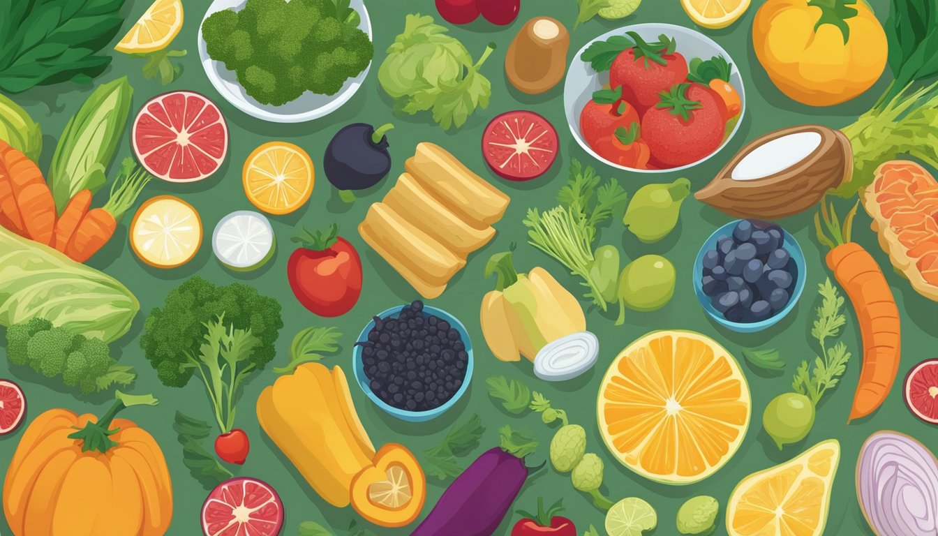 A colorful array of fresh vegetables and fruits, along with various plant-based proteins and grains, are spread out on a table, showcasing a variety of vegan options for health and dietary considerations