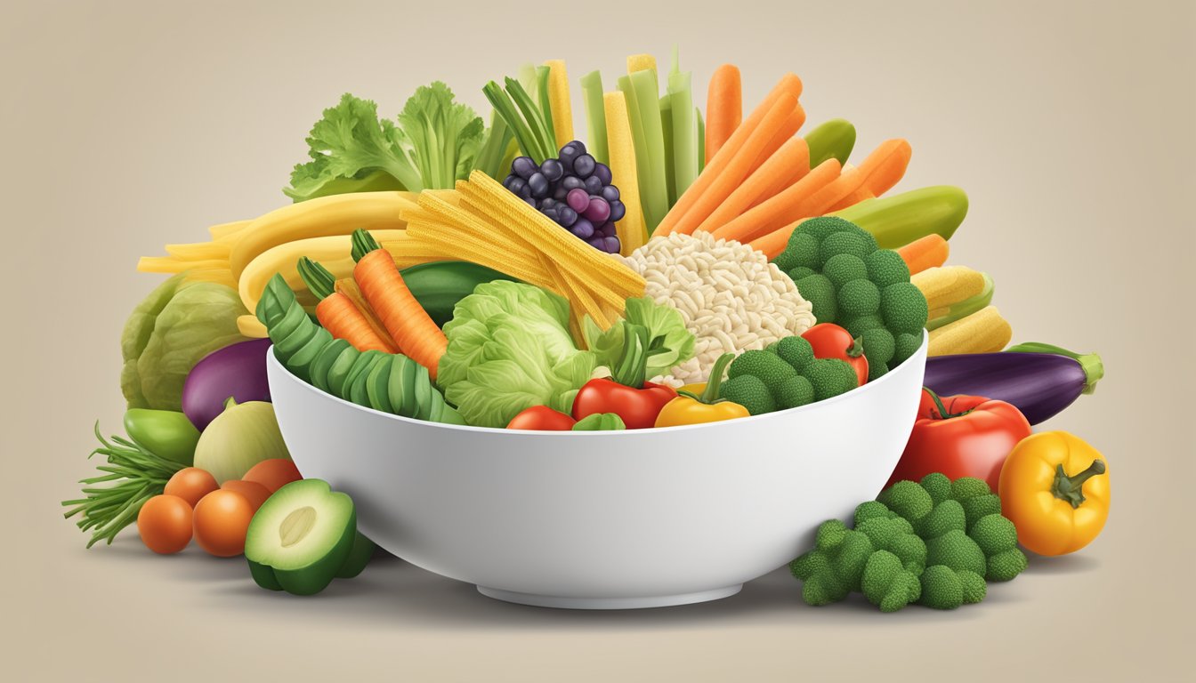 A bowl of veggie straws surrounded by various vegetables and fruits, with a nutrition label and a vegan certification logo displayed prominently