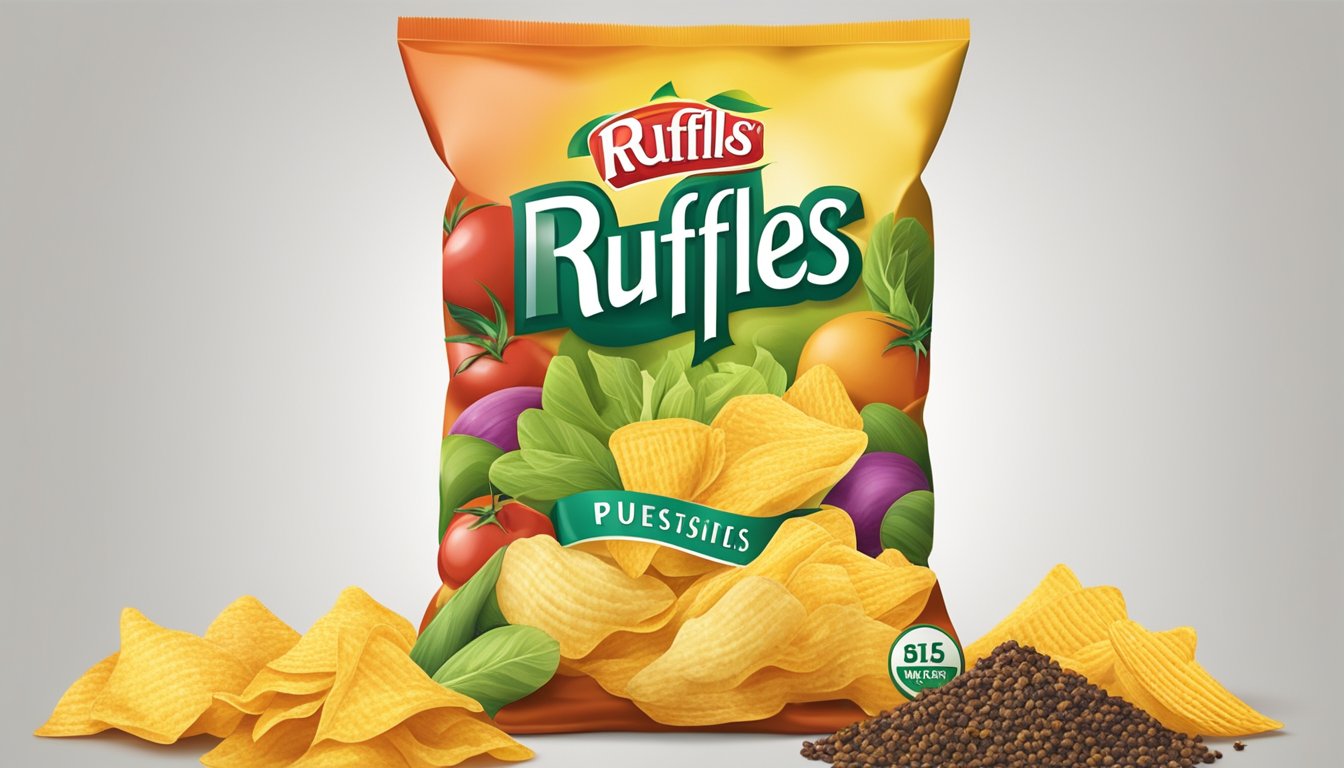 A colorful bag of Ruffles chips surrounded by various plant-based ingredients like potatoes, corn, and spices