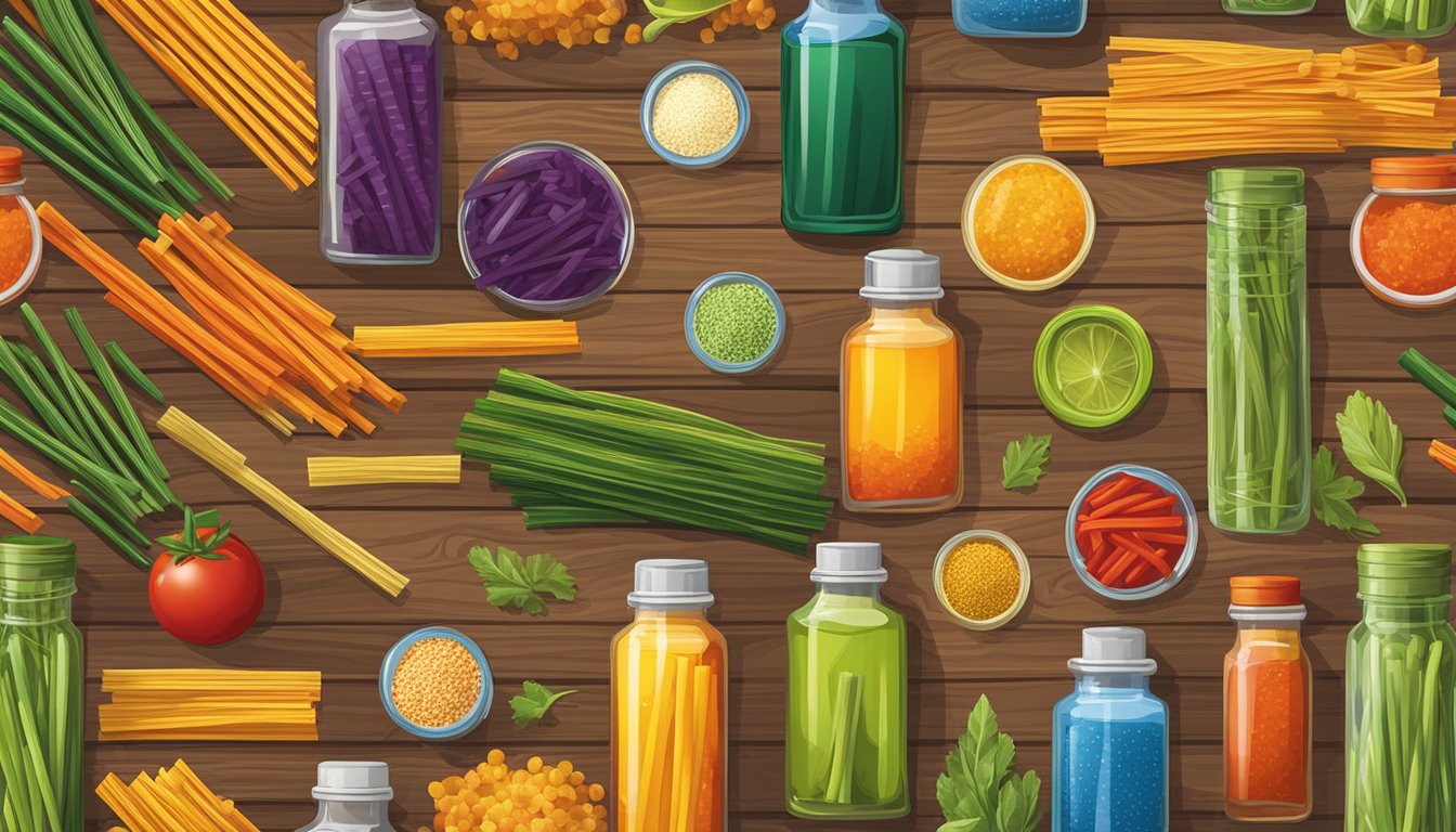 A colorful array of veggie straws and seasoning bottles arranged on a wooden table