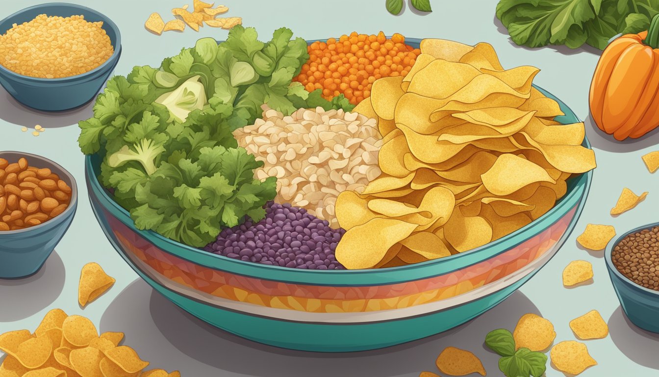 A table with a bowl of Ruffles chips surrounded by various plant-based ingredients like vegetables, grains, and legumes