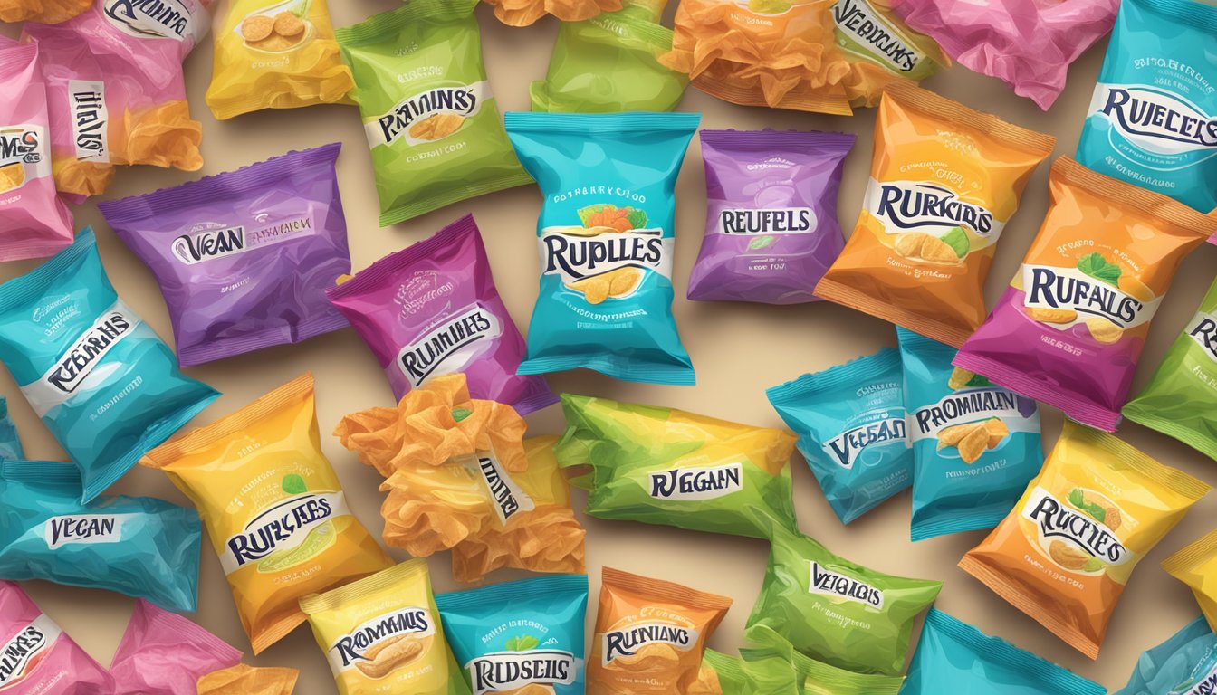 A colorful display of various Ruffles chip bags, featuring the "Vegan-Friendly" label prominently on each one