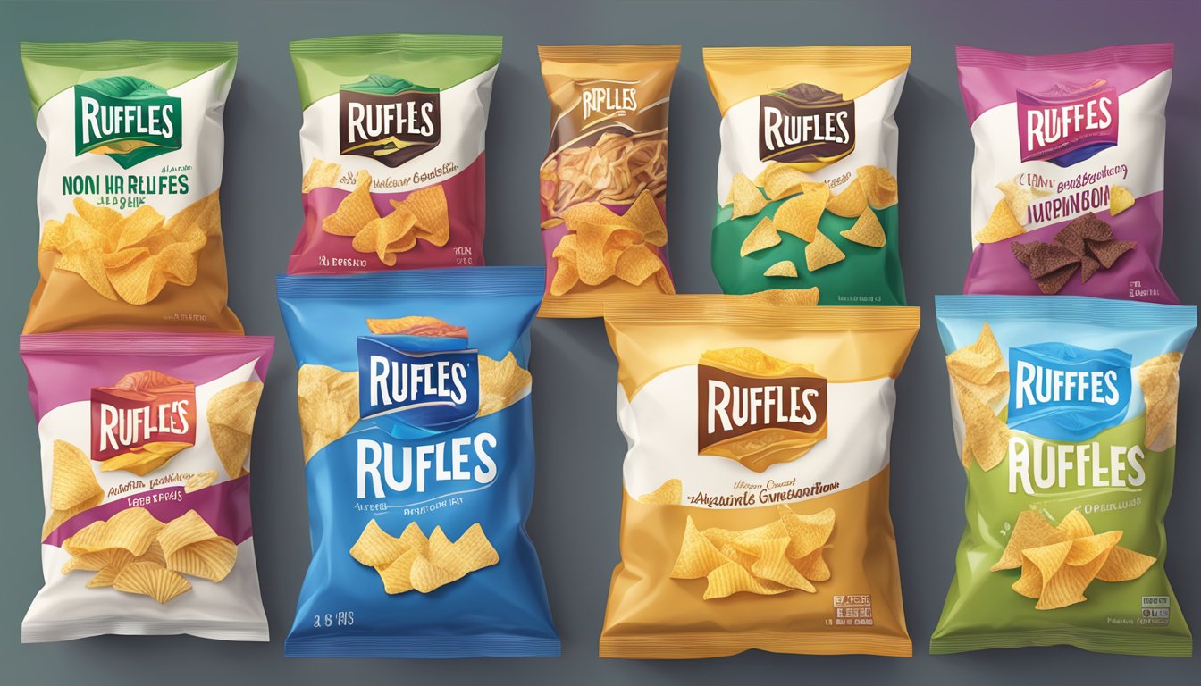 A bag of non-vegan Ruffles chips surrounded by various flavor variations