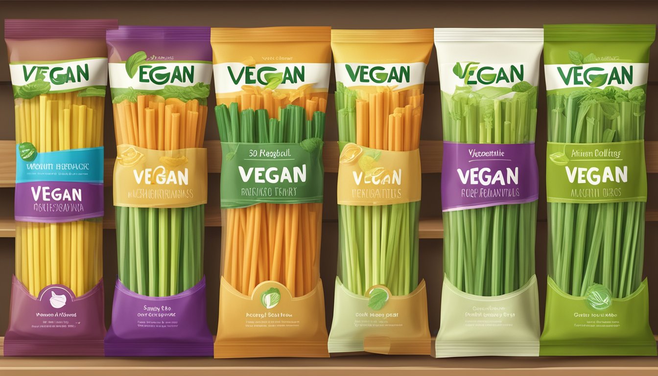 A variety of veggie straws arranged neatly on a shelf, with a prominent "vegan" label on the packaging