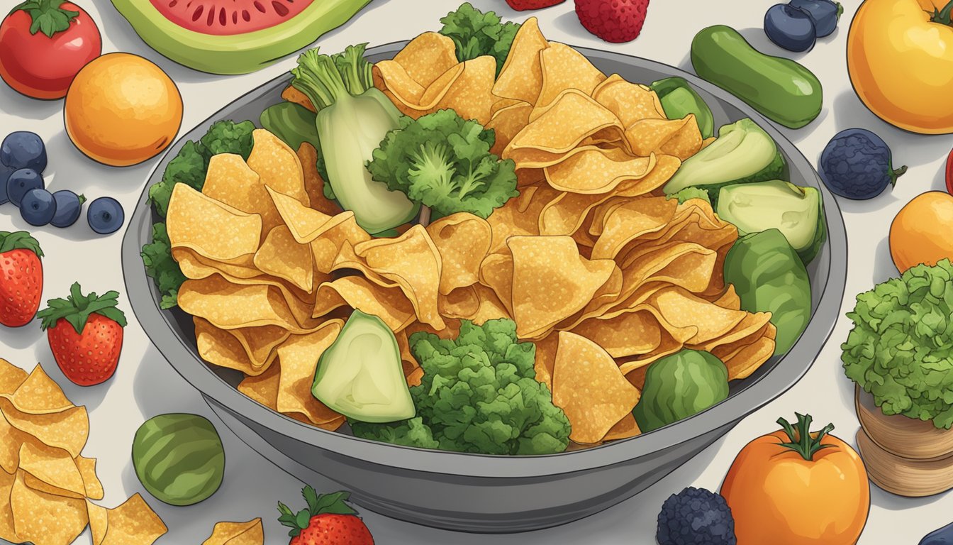 A bowl of Ruffles chips surrounded by various fruits and vegetables, with a "vegan" label prominently displayed