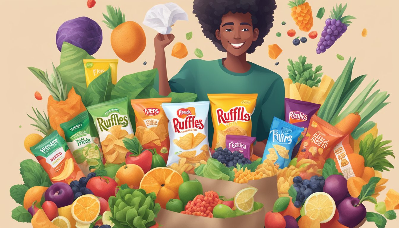 A person holding a bag of Ruffles chips, surrounded by various vegan-friendly food items such as fruits, vegetables, and plant-based snacks