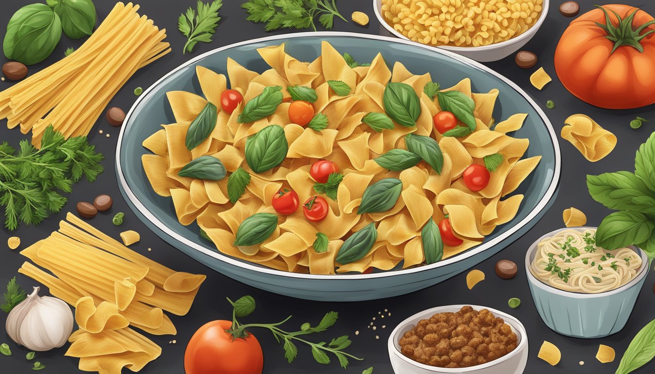 A bowl of pasta chips surrounded by various vegan ingredients like vegetables and herbs