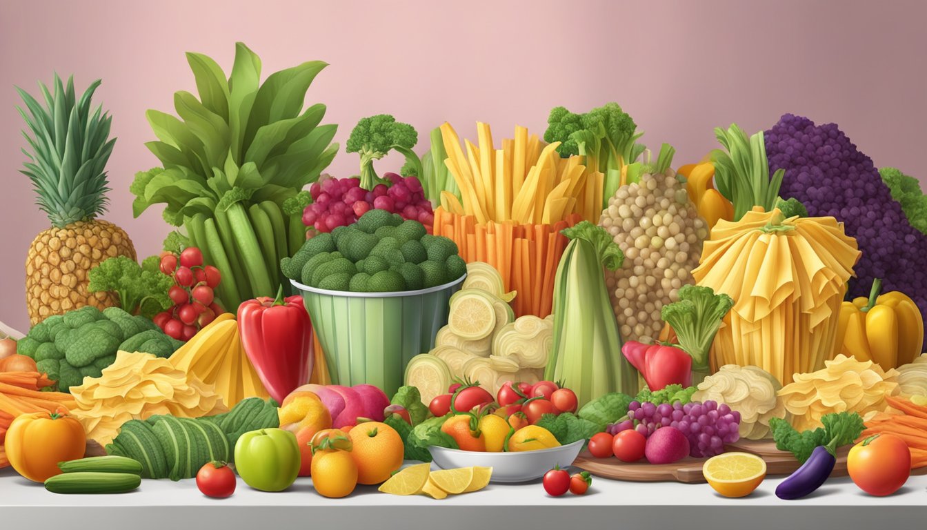 A table with various Ruffles chip bags spread out, surrounded by colorful vegetables and fruits