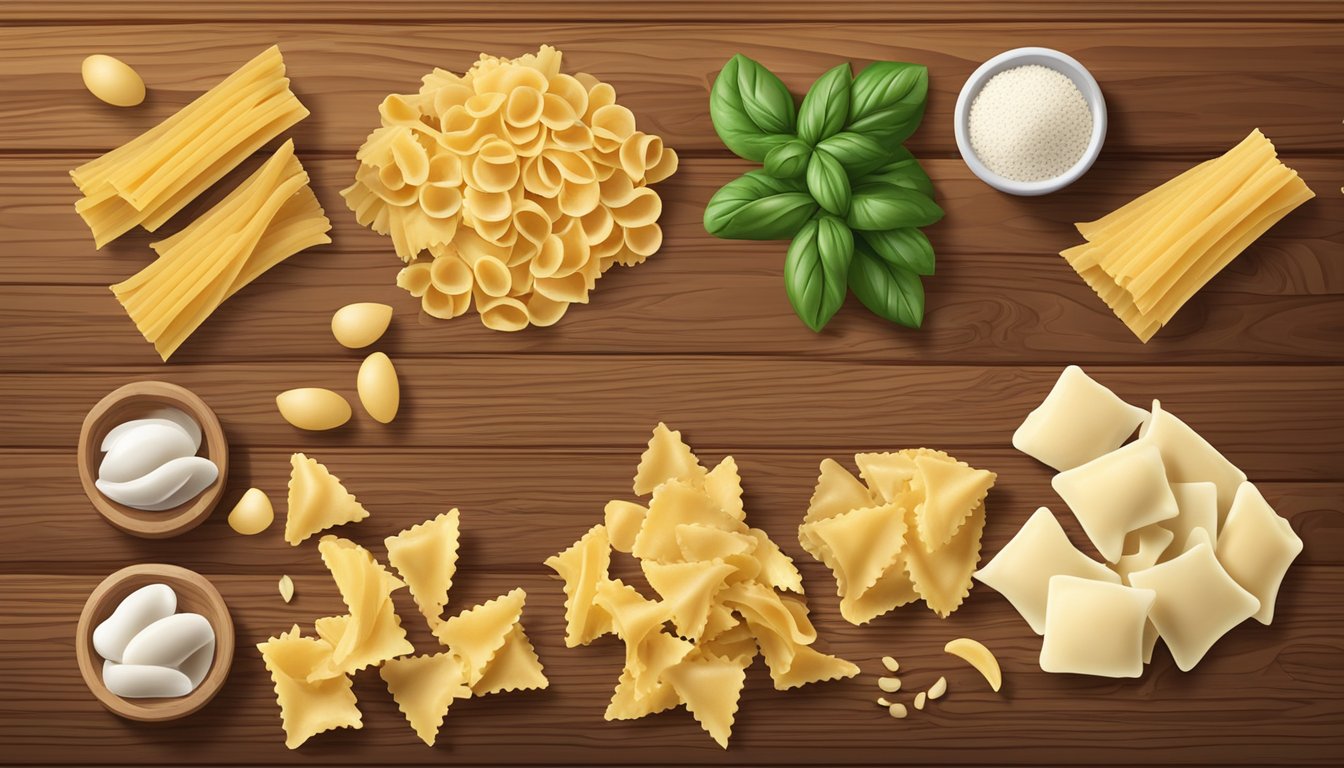 A variety of pasta chips ingredients arranged on a wooden cutting board