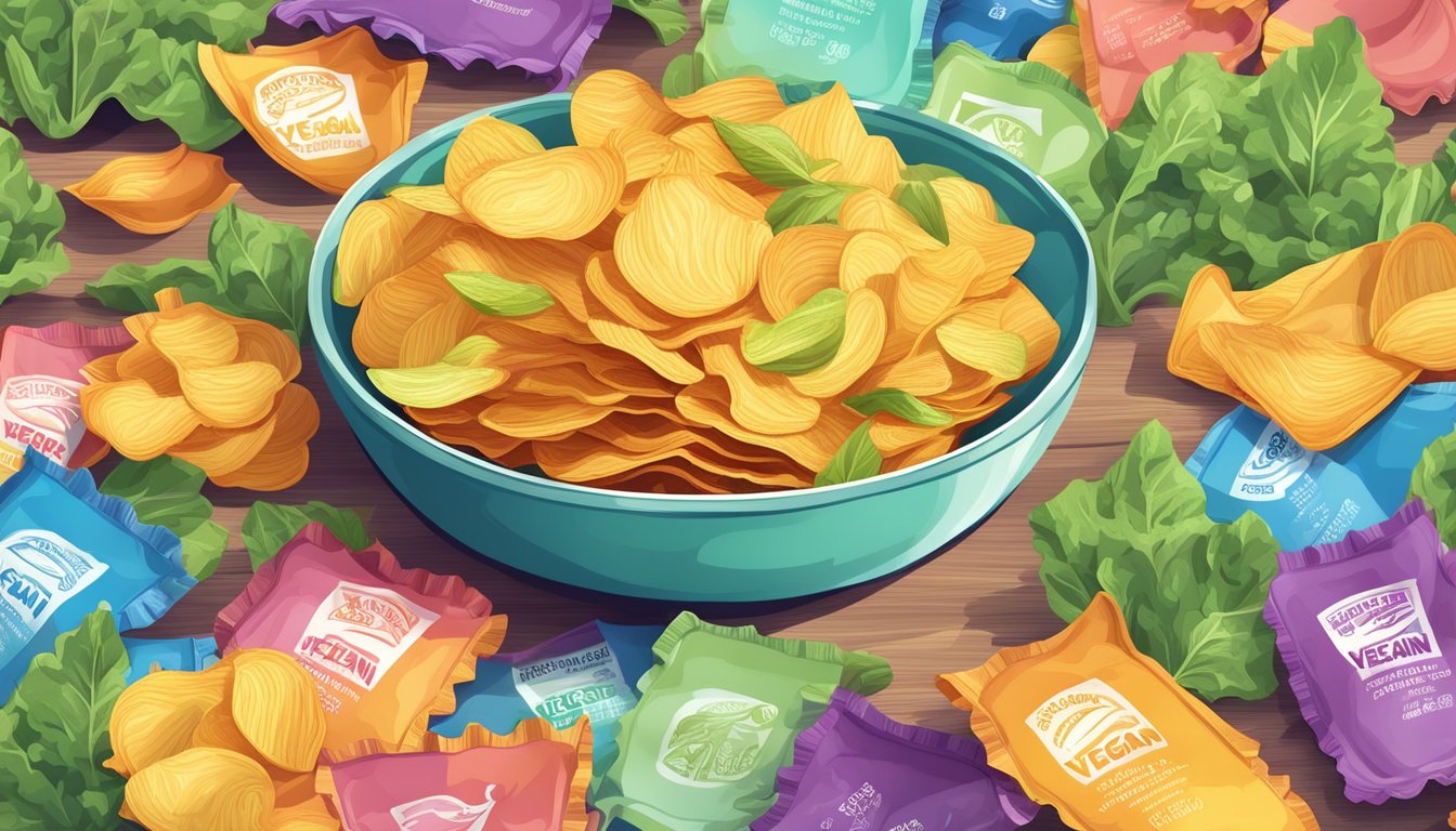 A pile of colorful ruffled potato chips with a "vegan" label and surrounding images of eco-friendly symbols