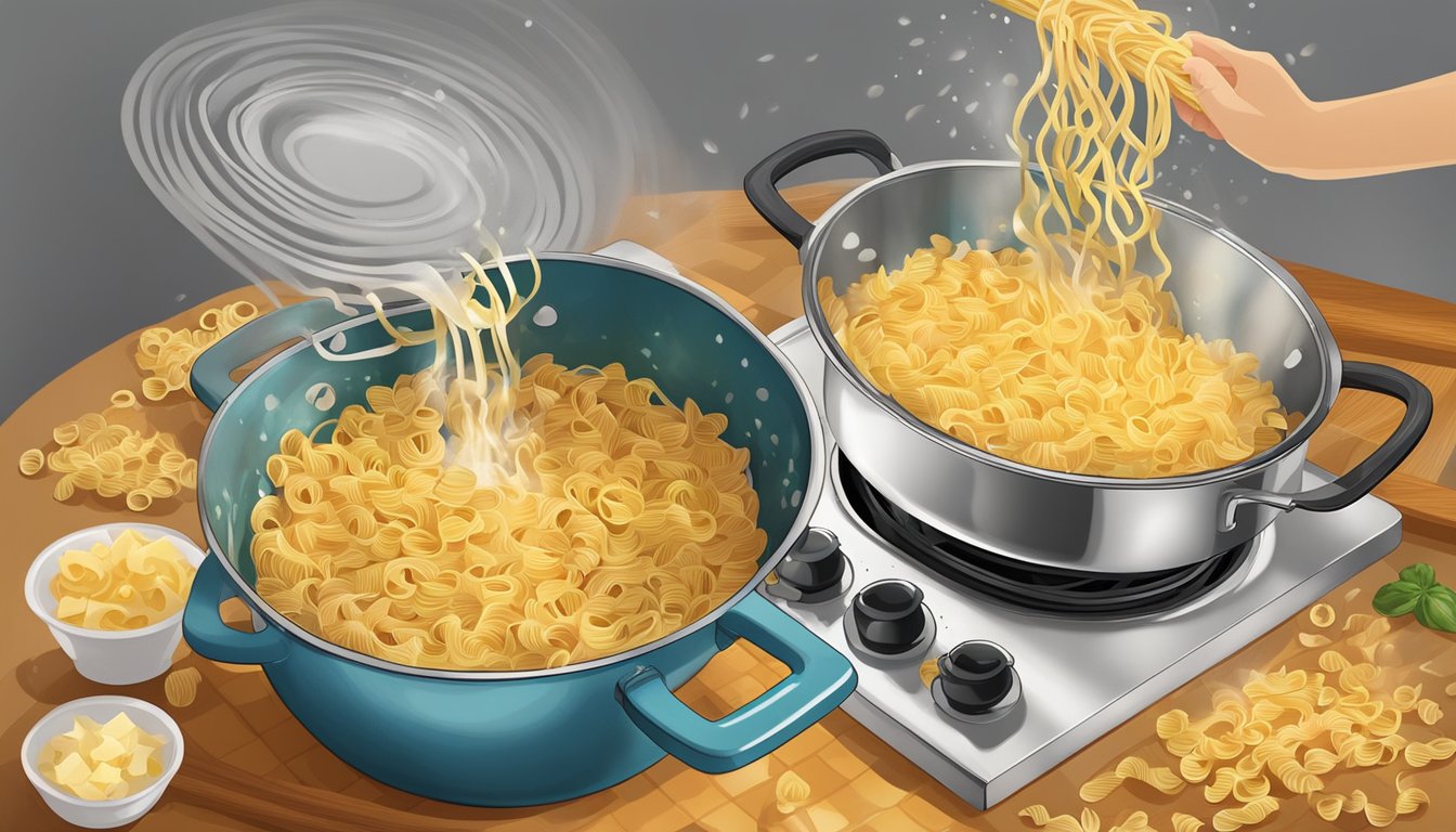 A pot of boiling water with pasta being dropped in, a colander draining the cooked pasta, and the pasta chips being seasoned and baked in the oven