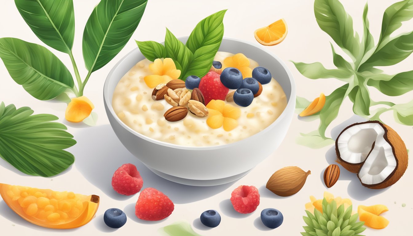 A bowl of tapioca pudding surrounded by various plant-based ingredients like coconut milk, fruits, and nuts