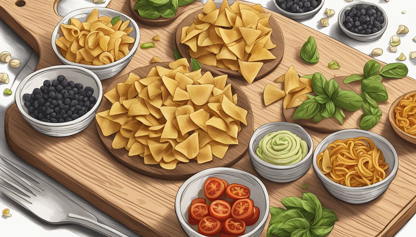 Pasta chips being customized with various vegan toppings on a wooden cutting board