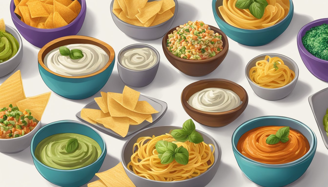 A colorful spread of vegan dips with a variety of pasta chips arranged in an artistic display