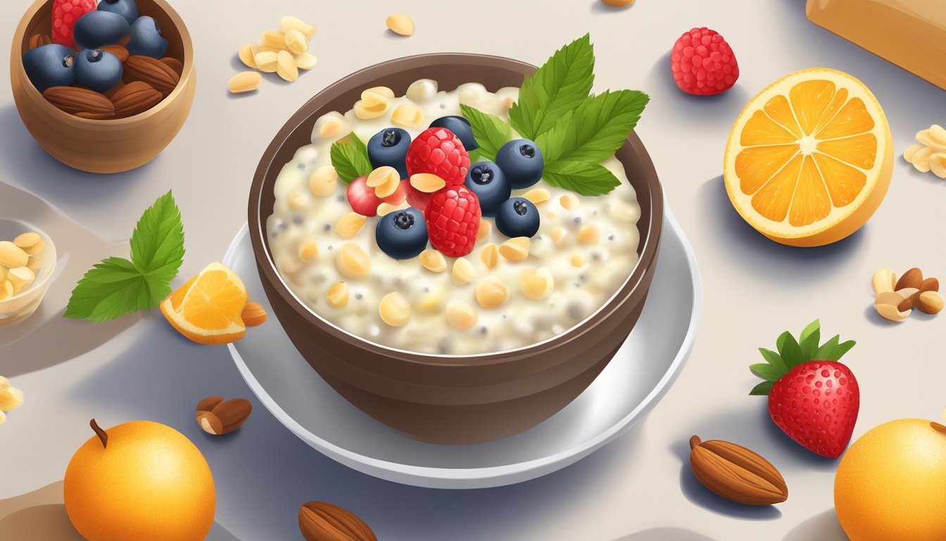 A bowl of tapioca pudding surrounded by fresh fruits and nuts on a wooden table