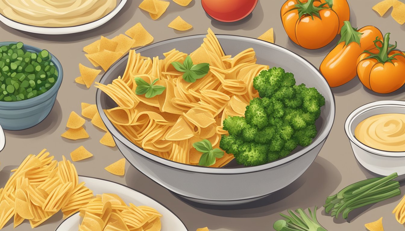 A bowl of pasta chips surrounded by fresh vegetables and a side of hummus