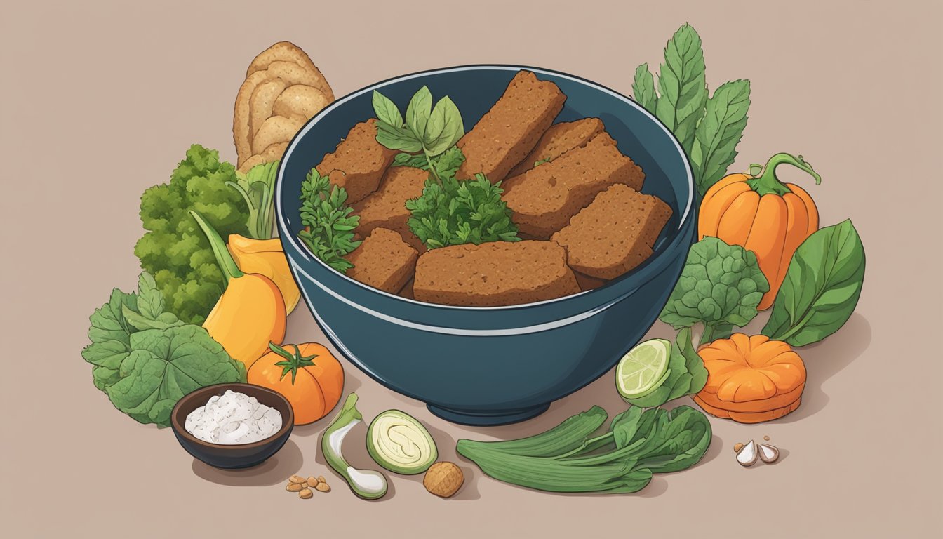 A bowl of seitan surrounded by various plant-based ingredients and cooking utensils