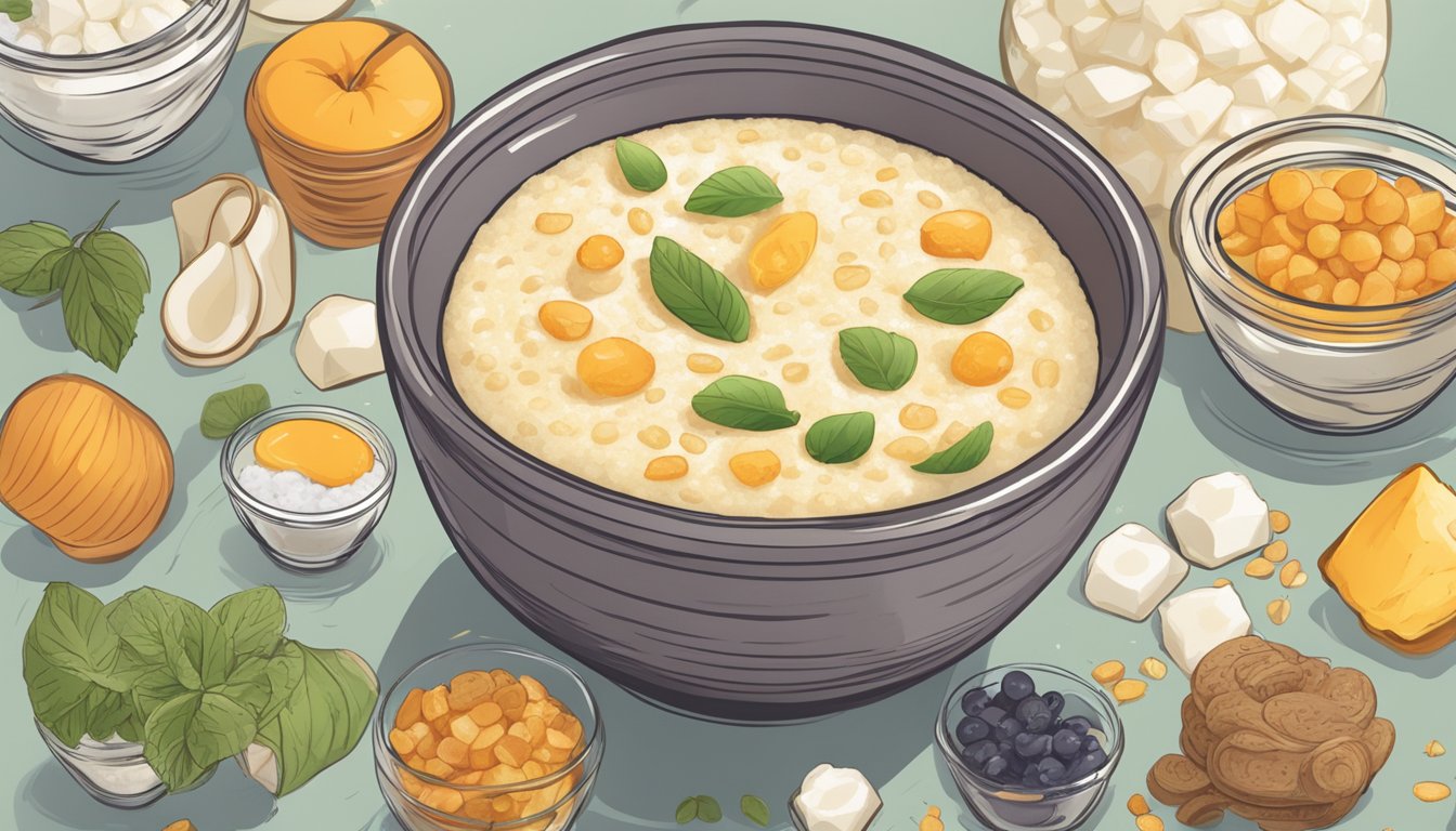 A bowl of tapioca pudding surrounded by various vegan ingredients and a "vegan" label