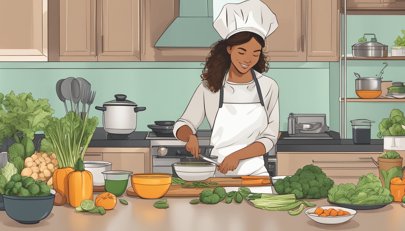 A person is cooking with seitan, surrounded by various vegan ingredients and utensils in a modern kitchen