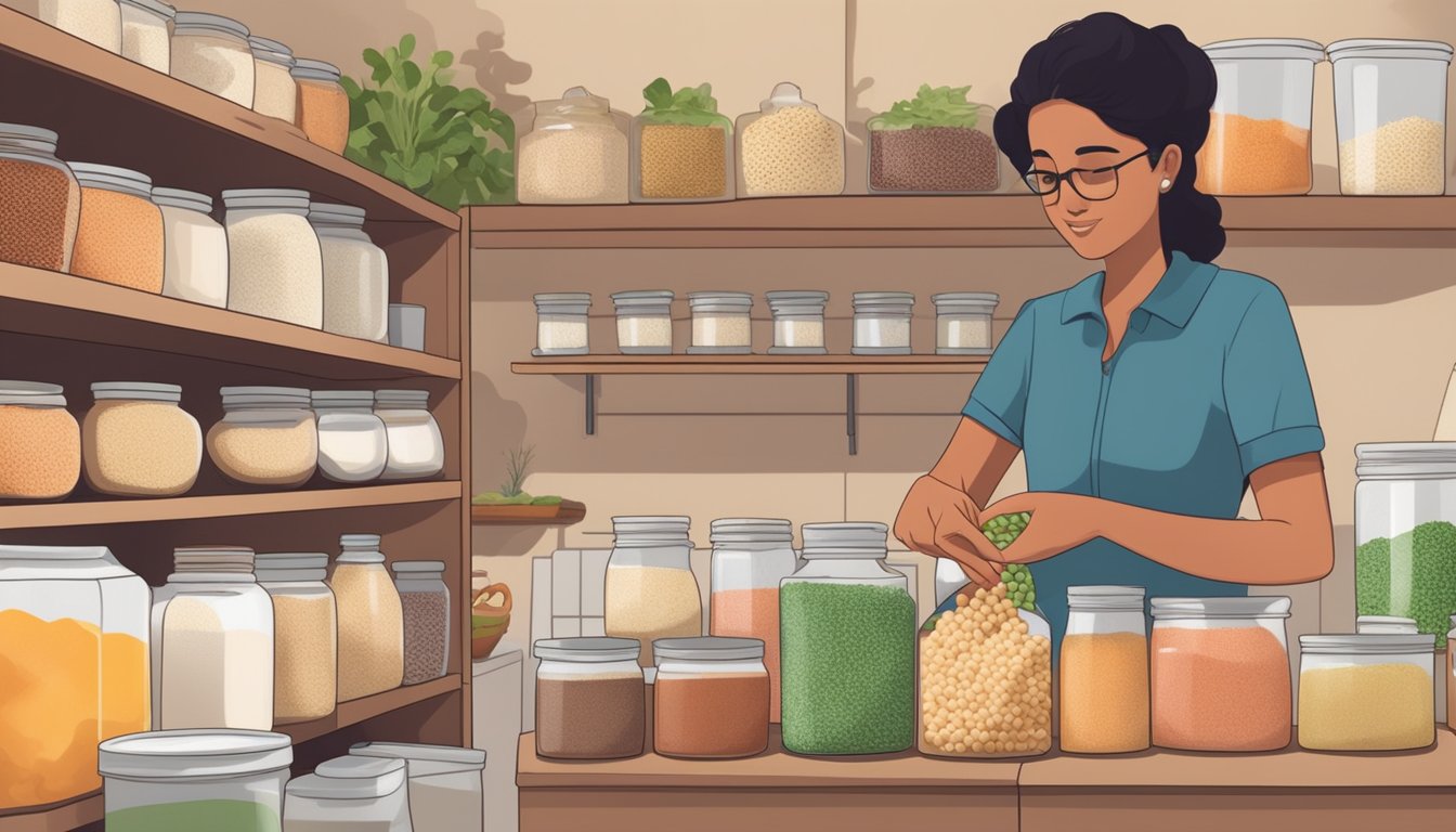 A person placing a bag of tapioca pearls in a pantry next to other vegan ingredients like rice and quinoa