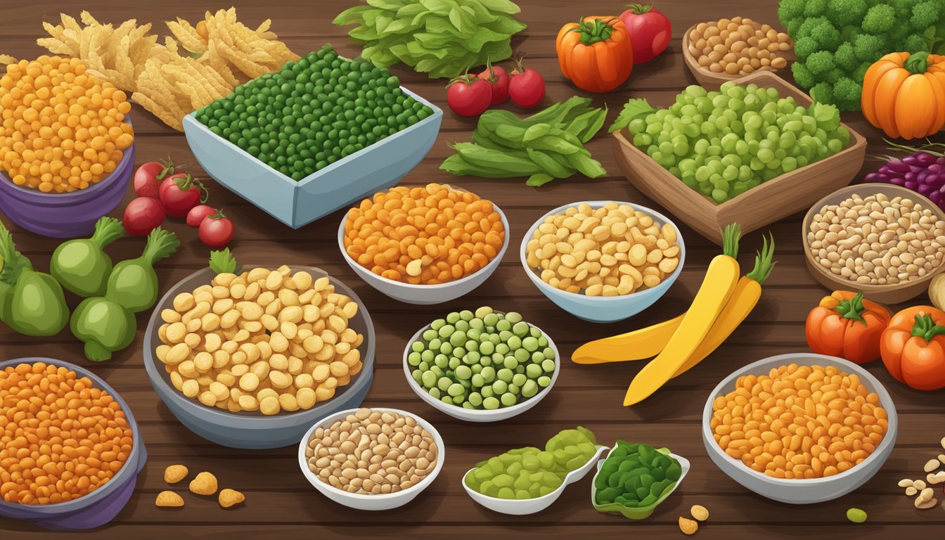 A variety of colorful, crunchy Harvest Snaps snacks are displayed on a wooden table, surrounded by fresh vegetables and legumes