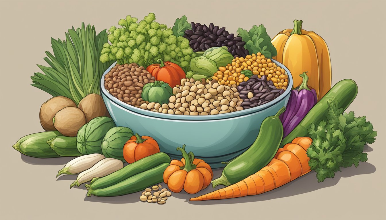 A bowl of Harvest Snaps surrounded by various vegetables and legumes