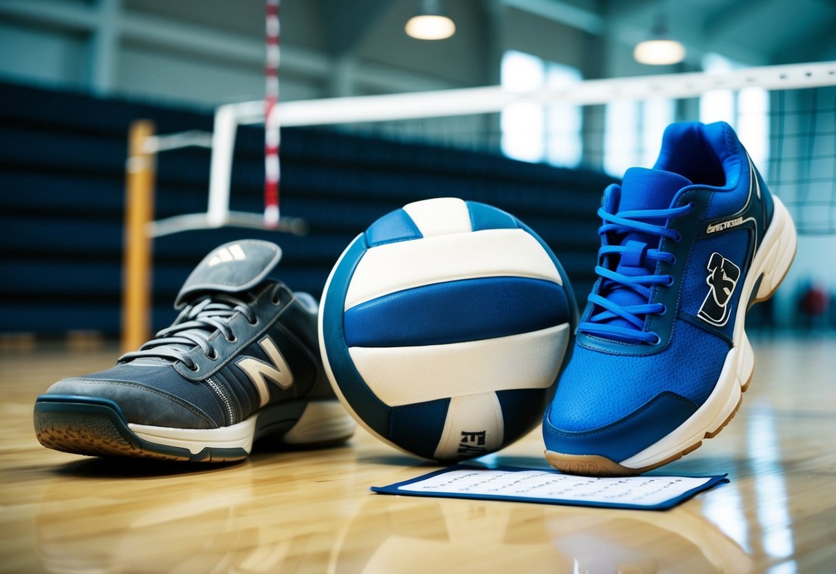 A pair of worn-out volleyball shoes next to a brand new pair, with a calendar showing the recommended replacement time frame