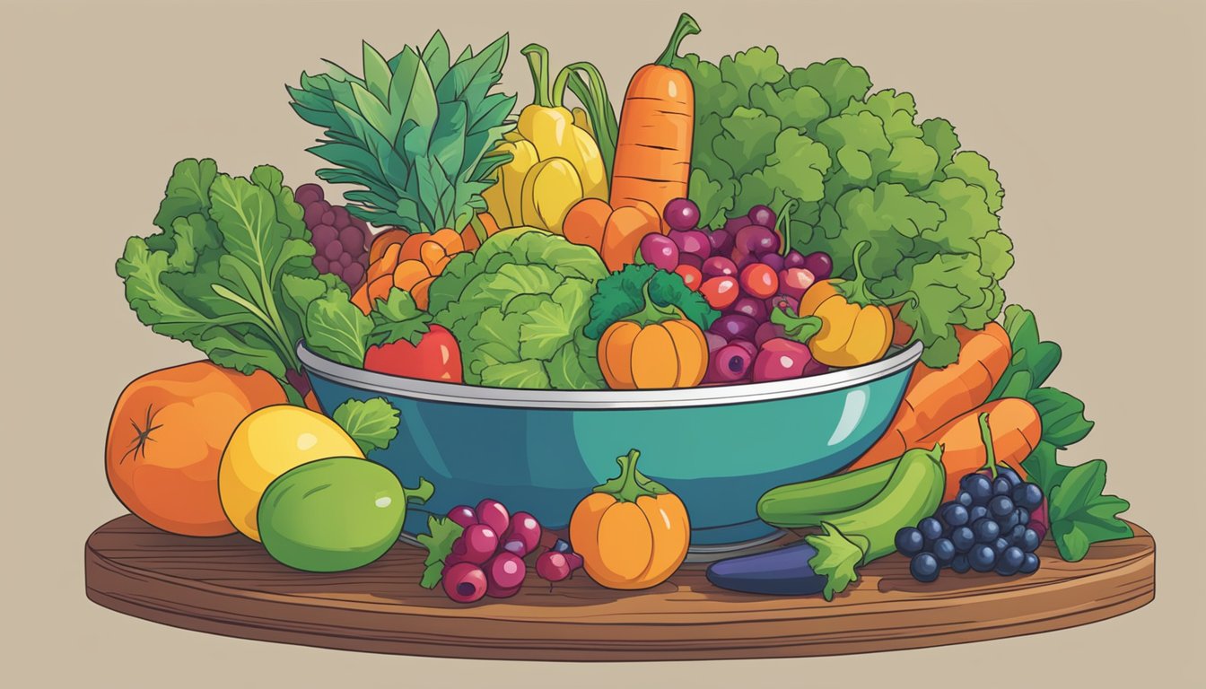 A colorful bowl of various fruits and vegetables, including berries, leafy greens, and carrots, sits on a wooden table. A can of gushers is placed next to the bowl, with a question mark above it