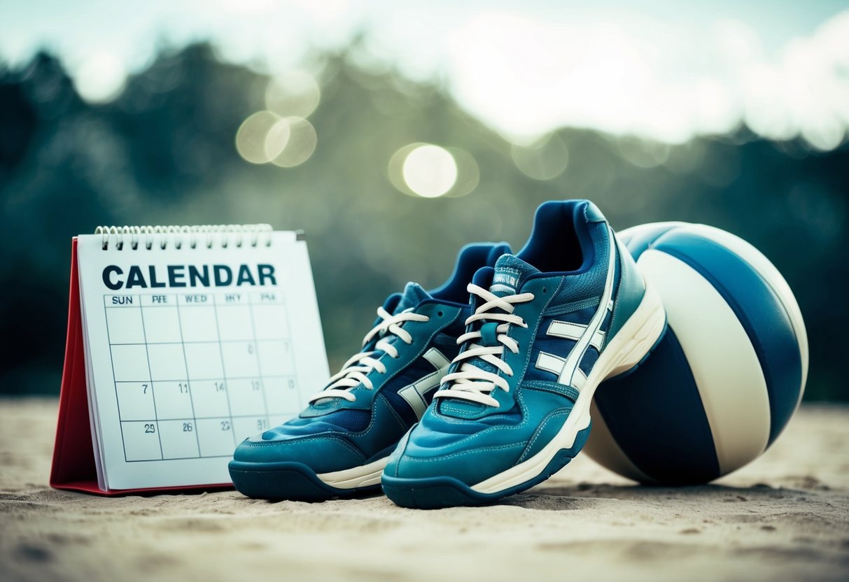 A pair of worn volleyball shoes next to a calendar with dates circled, indicating the passage of time