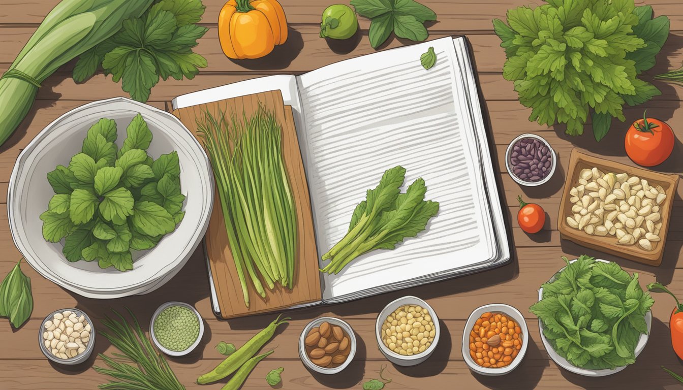 A bowl of Harvest Snaps sits on a wooden table, surrounded by fresh vegetables and a plant-based cookbook